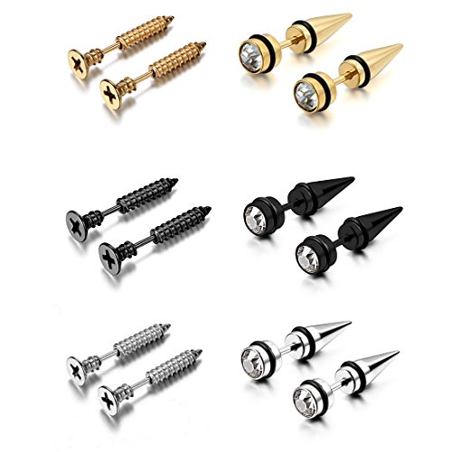 Aroncent Fake Plug Schraube Ohrringe: 6 Paar Herren Damen Edelstahl Ohrstecker Hip Hop Punk Strass Stecker Ohrhänger für Damen und Herren Gold Silber Schwarz von Aroncent