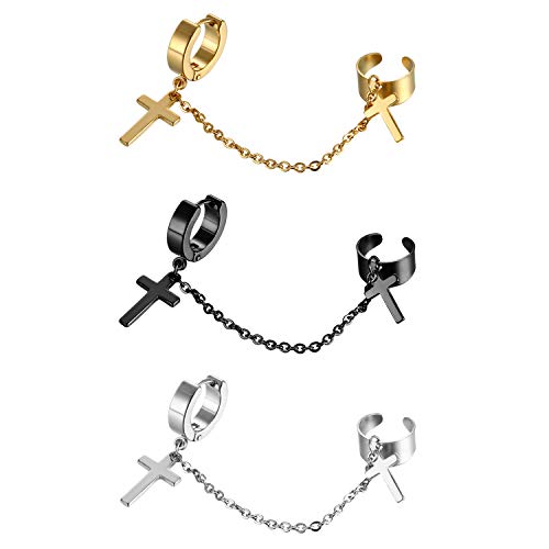 Aroncent Ohrringe mit Kreuz Anhänger Set: 3 Paar Herren Damen Ohrhänger Kreuz Kette Ohrstecker Edelstahl Creolen mit Ohrklemme Ohrclips Ohr Piercing Schwarz Gold Silber von Aroncent