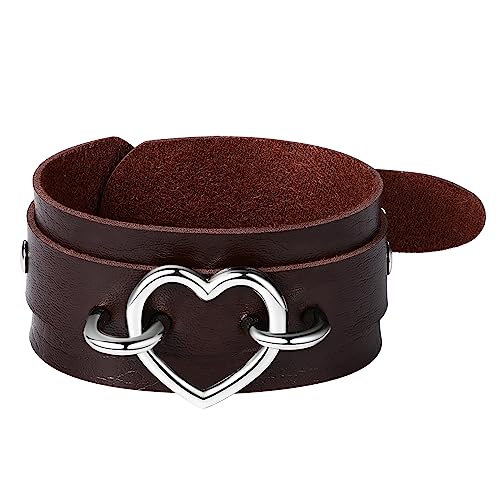 Leder Armbänder Gothic Punk Armband - Braun Herren PU Leder Herzform Halsband breit Armreif Verstellbar Legierung Armschmuck von Aroncent
