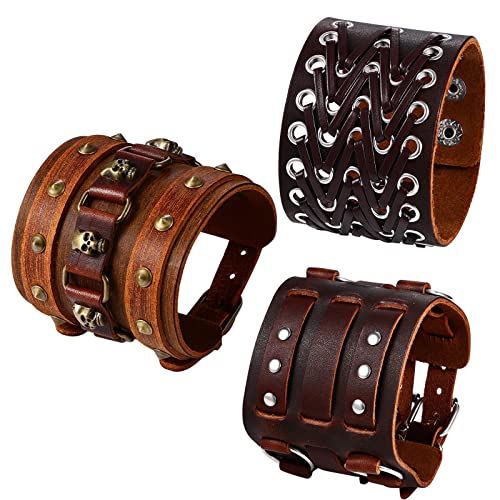 Leder Armbänder Punk Rock Armband - 3 PCS Braun Herren Niete geflochtenen breit Armreif Verstellbar Legierung Armschmuck von Aroncent