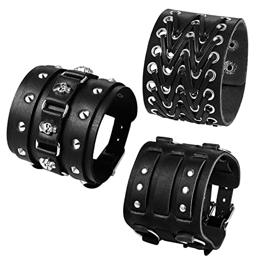 Leder Armbänder Punk Rock Armband - 3 PCS Schwarz Herren Niete geflochtenen breit Armreif Verstellbar Legierung Armschmuck von Aroncent