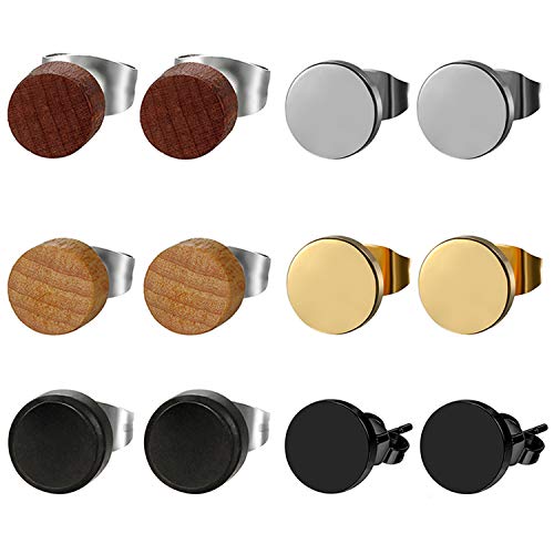 Ohrstecker Set Holz Ohr Piercing - 6 Paare Fake Plug Fakeplugs Tunnel Edelstahl Ohrringe klassische Runde Design für Damen Herren Mädchen Mehrfarbig von Aroncent