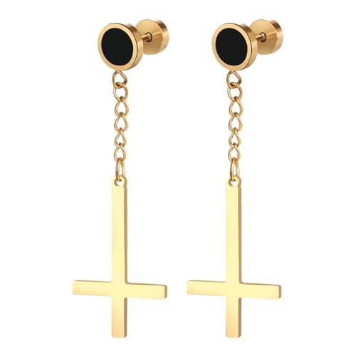 Umgekehrtes Kreuz Ohrringe Herren Damen: Gold Edelstahl Vintage Punk Lang Ketten Anhänger Ohrstecker ohne Ohrloch Jesus Ohrschmuck Modeschmuck von Aroncent