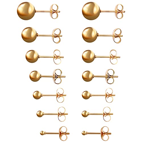 Unisex Perlen Kugel Ohrstecker Set - 7 Paar Edelstahl Imitation Perlen Kugel Ohrringe Ohr Piercing Geschenk für Herren Damen Gold 2mm/3mm/4mm/5mm/6mm/7mm/8mm von Aroncent