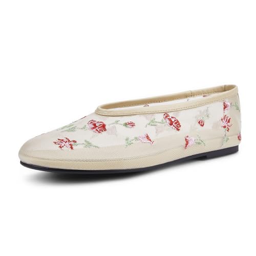 Arqa Ballerina-Schuhe mit Kristallverzierung, flache Ballerina-Schuhe mit Strasssteinen, bequemer, lässiger Gaze-Schuh, Beige-Stickerei, 38.5 EU von Arqa