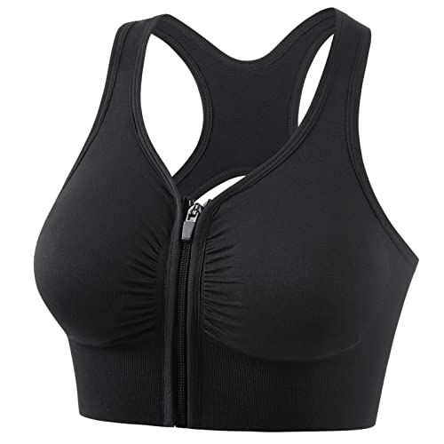 Arqumi Sport-BH für Damen, atmungsaktiv, gepolsterter Reißverschluss vorne, mit abnehmbaren Pads für Laufen, Workout, Fitness, Yoga, BH, XL, Schwarz von Arqumi