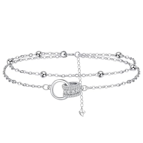 Arrebol Armband Damen 925 Sterling Silber Double Circles Anhänger mit Doppelkette Armbänder Original Schmuck für Frauen | Hypoallergen | Adjustierbar [16+4cm] von Arrebol
