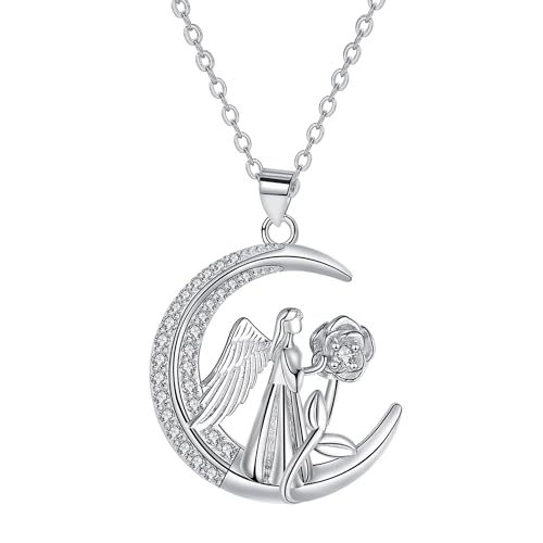 Arrebol Engel Kette Silber 925 Damen Halskette Mond Anhänger Original Für Frauen Freunde Schmuck Geschenk |45cm+5| von Arrebol