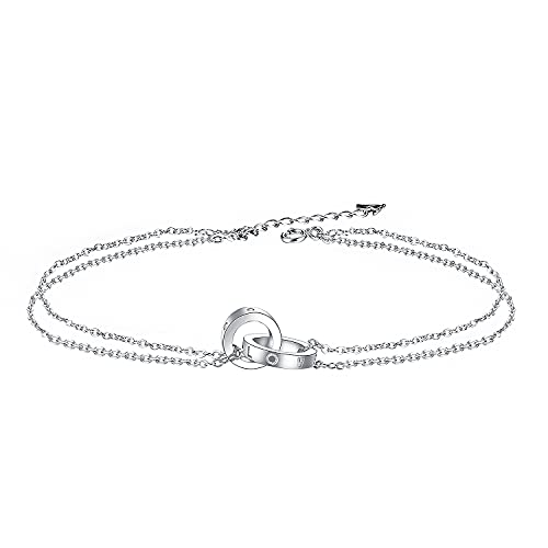 Arrebol Fußkettchen Damen 925 Sterling Silber Doppelring Süße Sommer Fußketten Verstellbares 26cm mit Geschenkbox von Arrebol