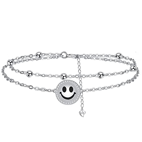 Arrebol Fußkettchen Silber 925 Damen Smiley Face Emoji Doppelkette mit Kugelperlen Süße Sommer Fußketten Verstellbares 26cm mit Geschenkbox von Arrebol