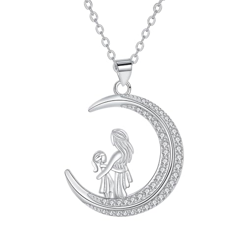 Arrebol Mutter und Tochter Kette Silber 925 Damen Halskette Mond Anhänger Original Für Frauen Mama Mutti Schmuck Geschenk |45cm+5| von Arrebol