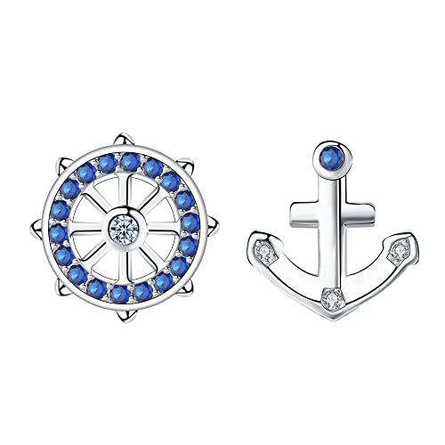 Arrebol Ohrringe Damen Anker Steuerrad Maritim 925 Sterling Silber Asymmetrische Ohrstecker mit 3A Zirkonia Ohrschmuck Für Frauen Mädchen Geschenk von Arrebol