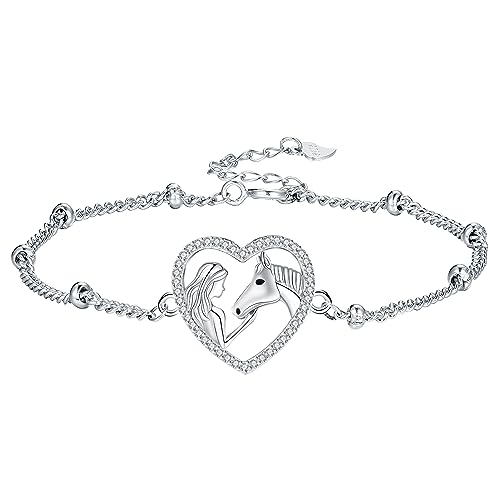 Arrebol Pferd und Mädchen Armband 925 Sterling Silber Damen Pferd Armbänder Original Schmuck für Schwester Freundin Tochter, Verstellbarer [16+4cm] von Arrebol