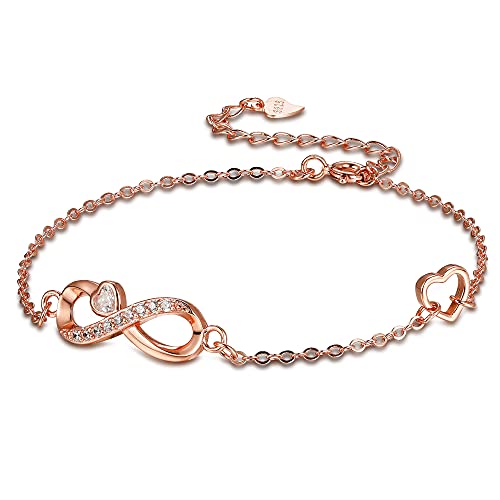 Arrebol Unendlichkeit Armband Damen 925 Sterling Silber Infinity Liebe Symbol Charm mit Herz Zirkonia Armbänder Verstellbarer 16+4cm,Rosegold Schmuck für Frauen Mädchen von Arrebol