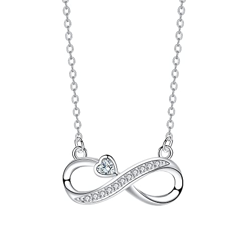 Arrebol Unendlichkeit Kette Damen Halskette 925 Sterling Silber Infinity Anhänger mit Weiß Herz Zirkonia Verstellbar Ketten |45cm+5| Für Frauen Schmuck Geschenk von Arrebol