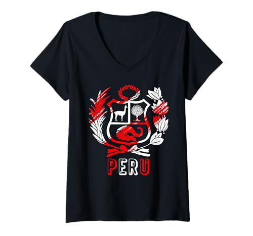 Damen Peru T-Shirt Rojo-Blanco Peruanisch Escudo Herren Damen Kinder T-Shirt mit V-Ausschnitt Damen Peru T-Shirt Rojo-Blanco Peruanisch Escudo Herren Damen Kinder T-Shirt mit V-Ausschnitt von Arriba Peru Rojo-Blanco Store