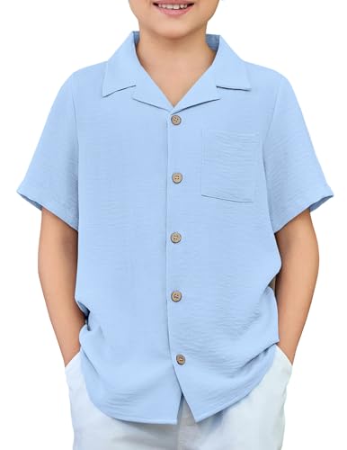 Arshiner Jungen Hemd Kurzarm Sommer Basic Shirt Regular Einfarbig Casual Oberteile Freizeit Party Kubanischem Kragen Hemden für Kinder 11-12 Jahre Hellblau von Arshiner