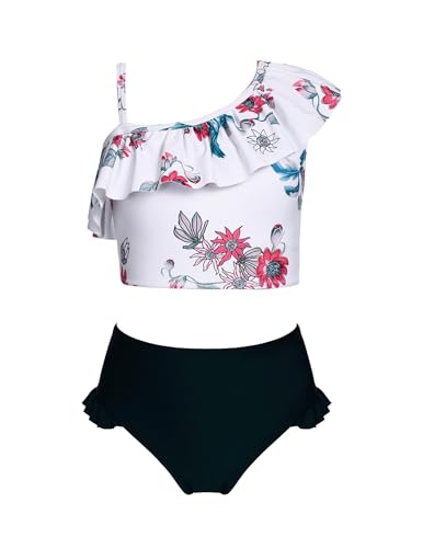 Arshiner Badebekleidung Mädchen Zweiteiliger Bademode Kinder Bikini Set Rüschen Verstellbarer Schultergurt Tankini mit Triangel Blumendruck Schwimmen Kleidung Schwarz 120/4-5 Jahre von Arshiner