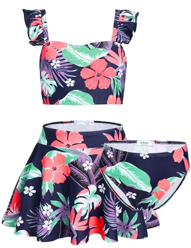 Arshiner Bademode Mädchen 3er Set Kinder Bikini Rüschen Dreiteilig Tankini mit Rock Blumendruck für Kinder Badeanzug Urlaub Schwimmanzug 120/5-6 Jahre von Arshiner
