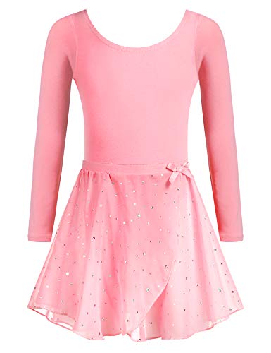 Arshiner Ballettanzug Mädchen Ballett Trikot Ballettkleid Kinder mit TüTü Rock Langarm Baumwolle Balletttrikot Ballettanzug Dunkelrosa 120 von Arshiner