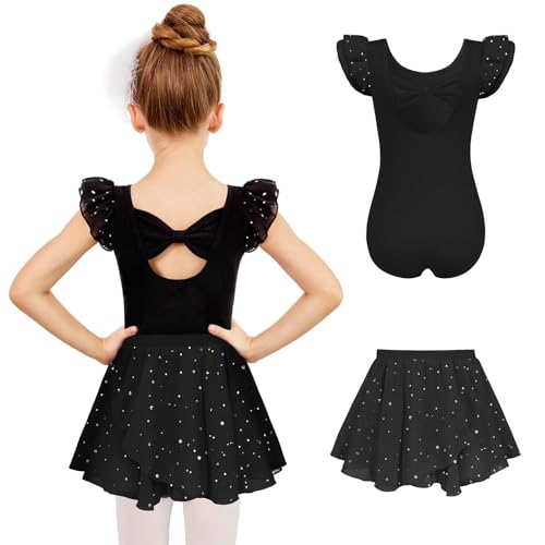Arshiner Ballettanzug Mädchen Ballettkleid Schleife Ballettkleidung Fliegende Ärmel Ballett Body Baumwolle Tanzbody Kinder Balletttrikot Schwarz Ballerina Kleid mit Wickelrock 7-8 Jahre von Arshiner