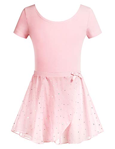 Arshiner Ballettkleid Kurzarm Mädchen Ballettkleidung Body und Rock Kinder Ballettanzug Bordeaux Glitzer Tanzkleid Dancewear Gymnastikanzug Rosa 150/8-9 Jahre von Arshiner