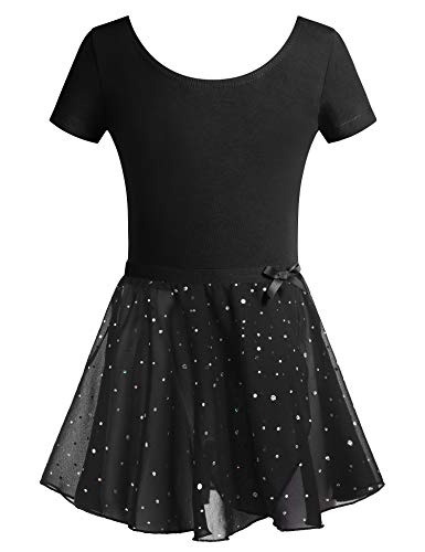 Arshiner Ballettkleid Kurzarm Mädchen Ballettkleidung Body und Rock Kinder Ballettanzug Bordeaux Glitzer Tanzkleid Dancewear Gymnastikanzug Schwarz 150/8-9 Jahre von Arshiner