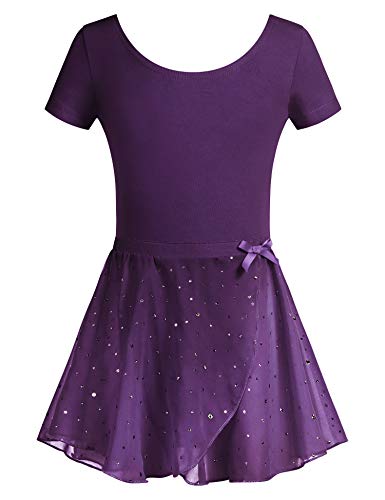 Arshiner Ballettkleid Kurzarm Mädchen Ballettkleidung Kinder Ballettanzug Baumwolle Balletttrikot mit Rock Tütü Tanzbekleidung Ballet Violett 130/4-5 Jahre von Arshiner