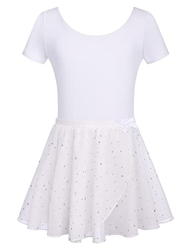 Arshiner Ballettkleid Kurzarm Mädchen Ballettkleidung Kinder Ballettanzug Baumwolle Balletttrikot mit Rock Tütü Tanzbekleidung Ballet Weiß 130/4-5 Jahre von Arshiner