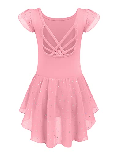 Arshiner Ballettkleid Mädchen Ballettanzug Baumwolle Balletttrikot Kurze Ärmel Ballettkleidung Dunkelrosa Strap-Cross Tanz Trikot mit Chiffon Rock Tütü 130/3-4 Jahre von Arshiner