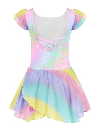 Arshiner Ballettkleid Mädchen Baumwolle Ballettkleidung Regenbogen Kurzarm Ballettanzug Kinder Balletttrikot Tanzkleid Ballerina Kleid Tanzbody mit Rock Tütü 2-3 Jahre von Arshiner