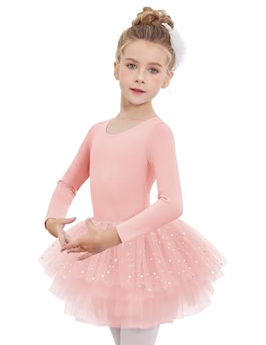 Arshiner Ballettkleid Mädchen Langarm Tanzkleid Kinder Ballettkleidung Ballettanzug Glitzer Baumwolle Tanzbody mit 4-lagiges Gestuftes Tütü Rock 160 9-10 Jahre von Arshiner
