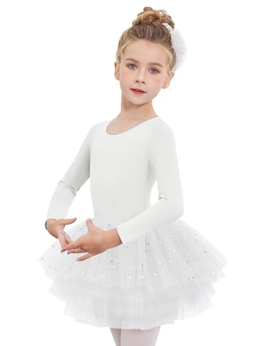 Arshiner Ballettkleid Mädchen Weiß Langarm Tanzkleid Kinder Ballettkleidung Ballettanzug Glitzer Baumwolle Tanzbody mit 4-lagiges Gestuftes Tütü Rock 130 3-4 Jahre von Arshiner