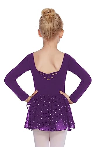 Arshiner Ballettkleider Mädchen Langarm Ballettkleidung Baumwolle Glitzer Tanzkleid Ballettanzug Kinder Balletttrikot mit Tüllrock Dunkelviolett 1560 von Arshiner