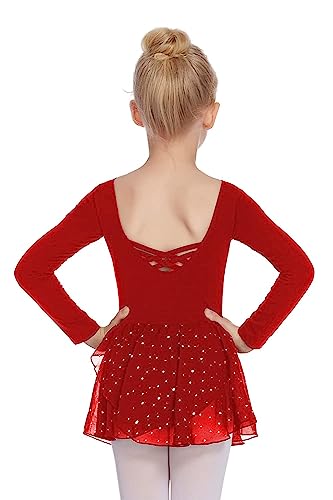 Arshiner Ballettkleider Mädchen Langarm Ballettkleidung Baumwolle Glitzer Tanzkleid Ballettanzug Kinder Balletttrikot mit Tüllrock Rot 1560 von Arshiner