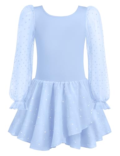 Arshiner Ballettkleider Mädchen Mesh Langarm Ballettkleidung Blau Baumwolle Tanzkleider Kinder Ballettanzug Einfarbig Balletttrikot mit Tüllrock 130/4-5 Jahre von Arshiner