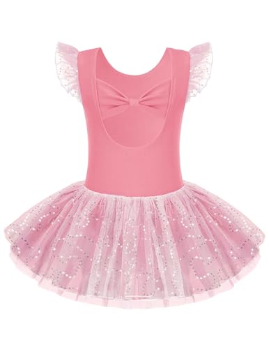 Arshiner Ballettkleider Mädchen Schleife Kurze Ärmel Ballettkleidung Tanzkleid Ballettanzug Kinder Baumwolle Balletttrikot mit Glitzer Tüllrock Korallenrosa 130 von Arshiner