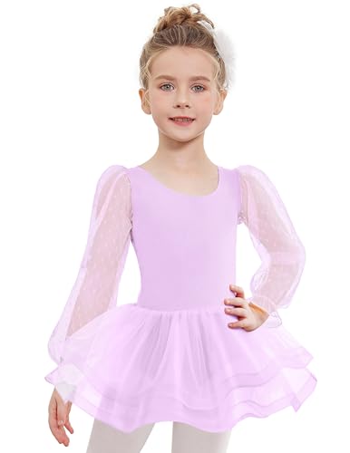 Arshiner Ballettkleidung Ballettkleid Mädchen Rüschenärm Ballett Turnanzug mit Tütü Rock Ballettanzug für Kinder Violett 130 3-4 Jahre von Arshiner