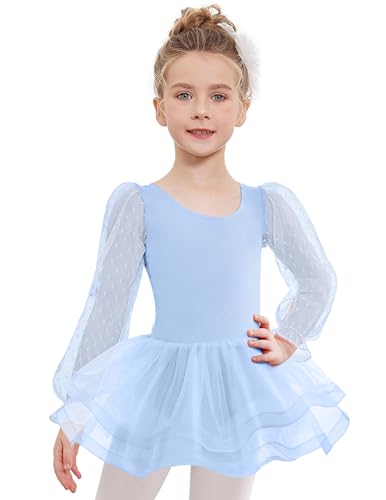 Arshiner Ballettkleidung Ballettkleid Mädchen mit 3-lagiges Tütü Langarm Ballettanzug Tanzkleid Kinder Baumwolle Blue 130 3-4 Jahre von Arshiner