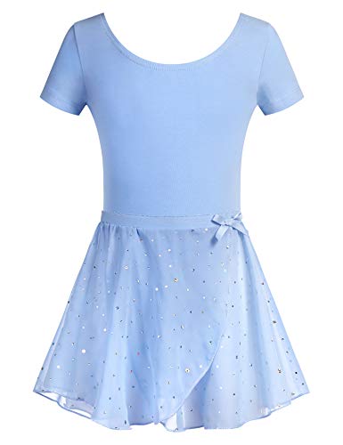 Arshiner Ballettkleidung Kinder Ballettkleid Kurzarm Mädchen Ballettanzug Baumwolle Tanzkleid Turnanzug mit Chiffon Wickelrock Blau 120/3-4 Jahre von Arshiner