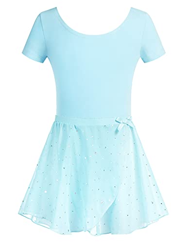 Arshiner Ballettkleidung Kinder Ballettkleid Kurzarm Mädchen Ballettanzug Baumwolle Tanzkleid Turnanzug mit Chiffon Wickelrock Türkis 120/3-4 Jahre von Arshiner