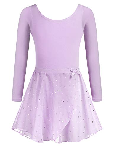 Arshiner Ballettkleidung Mädchen Ballettkleid Baumwolle Ballett-Outfit Balletttrikot Tanztrikot langärmlig Gymnastikkostüm Tanzkleidung mit Chiffon Rock Tütü Lila 120 von Arshiner