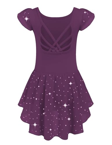 Arshiner Ballettkleidung Mädchen Ballettkleid Baumwolle Balletttrikot Kurzarm Tanzkleid Tanzbody Mit Rock Tütü Dunkellila 140/5-6 Jahre von Arshiner