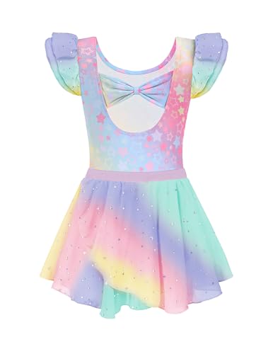 Arshiner Ballettkleidung Mädchen Ballettkleid Regenbogen Balletttrikot Kurzarm Zweiteiliger Ballettanzug Kinder Ballerina Kostüm Ballett Tanzbody mit Rock Tütü 2-3 Jahre von Arshiner