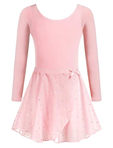 Arshiner Ballettkleidung Mädchen Baumwolle Ballettkleid Balletttrikot Kinder Langarm Tanzkleid Tanzbody mit Chiffon Rock Tütü Rosa 150 von Arshiner