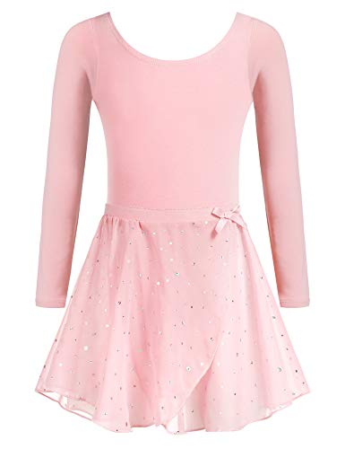 Arshiner Ballettkleidung Mädchen Baumwolle Ballettkleid Balletttrikot Kinder Langarm Tanzkleid Tanzbody mit Chiffon Rock Tütü Rosa 160 von Arshiner