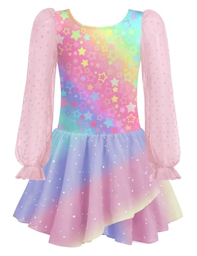 Arshiner Ballettkleidung Mädchen Langarm Ballettkleid Sterne Regenbogen Tanzkleid Kinder Baumwolle Balletttrikot Tanztrikot mit Tütü 120/3-4 Jahre von Arshiner