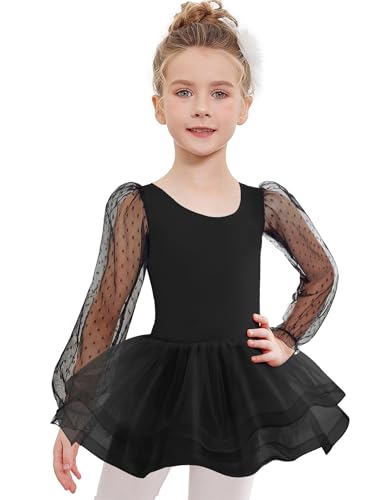 Arshiner Ballettkleidung Mädchen Langarm Kinder Ballettkleid Ballettanzug Tanzkleid Tutu Ballett Tanzbody mit 3-lagiges Tütü Schwarz 130 3-4 Jahre von Arshiner