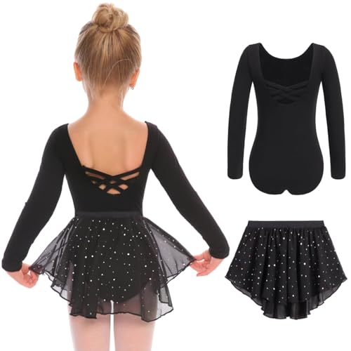 Arshiner Ballettkleidung Mädchen Langzarm Rückenfrei Ballettanzug Kinder Ballettkleid Balletttrikot Baumwolle Tanzkleid Tanzbody mit Irregulär Chiffon Rock Tütü Schwarz 150 7-8 Jahre von Arshiner