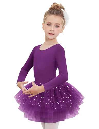 Arshiner Ballettkleidung Mädchen Lila Tanzkleid Kinder Langarm Ballettkleid Baumwolle Ballettanzug Glitzer Balletttrikot Tanzbody mit 4-lagiges Gestuftes Tütü Rock 160 9-10 Jahre von Arshiner